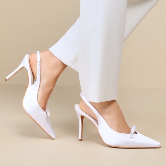Lulus Alaster White Satin Bow Pointed-toe Slingback Pumps - Size 5.5 - Picture 1 of 5
